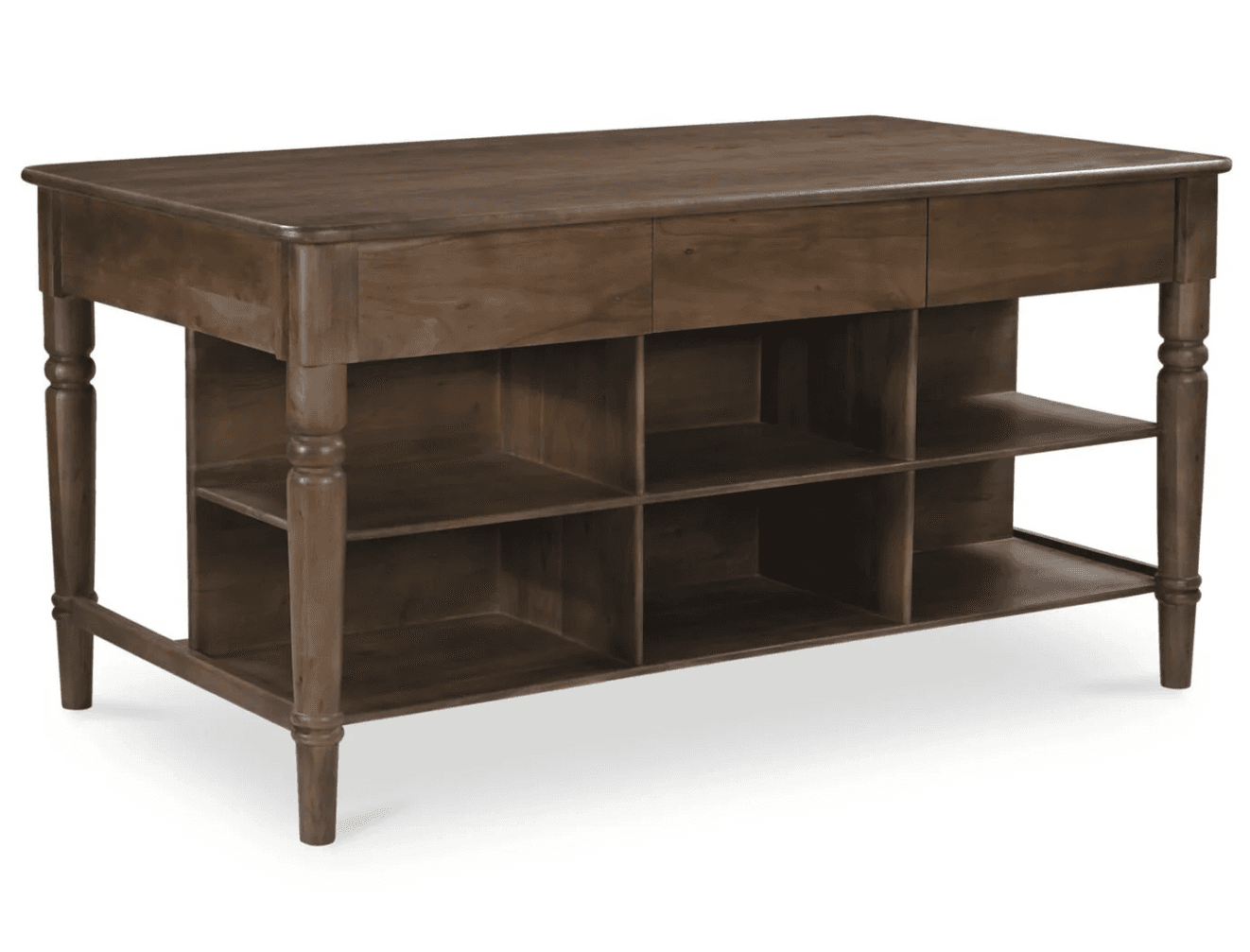 A rectangular wooden kitchen island with a dark finish. It features a solid tabletop, two drawers beneath one long edge, and open cubby-style shelving on the opposite side and below. The island stands on four turned legs, connected by a lower stretcher frame, adding to its stability and traditional aesthetic. — 3D model