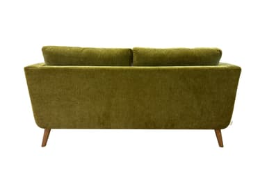A two-seater loveseat upholstered in ribbed olive green fabric, featuring two loose back cushions and four tapered wooden legs, viewed from the rear. — 3D model
