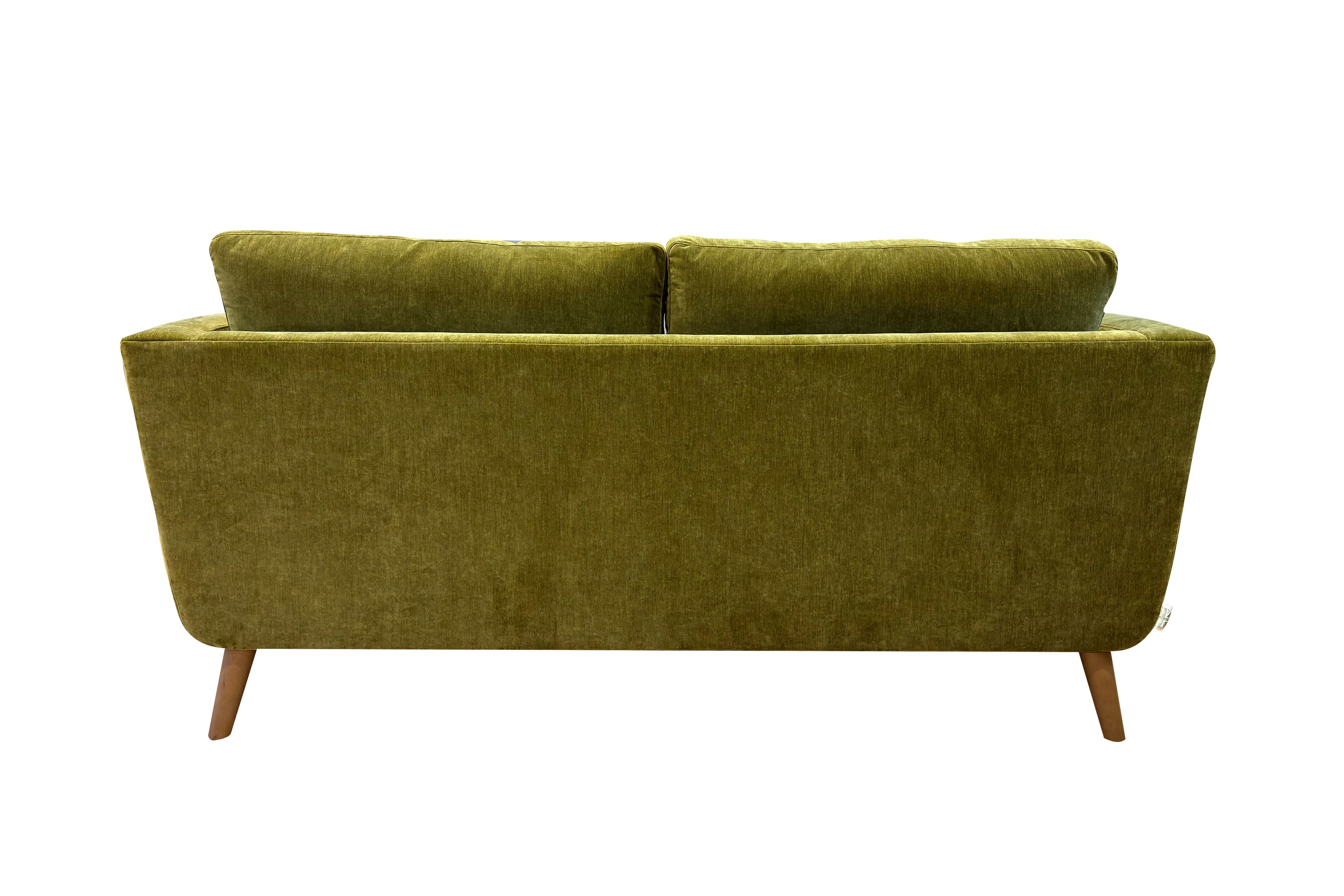 A two-seater loveseat upholstered in ribbed olive green fabric, featuring two loose back cushions and four tapered wooden legs, viewed from the rear. — 3D model