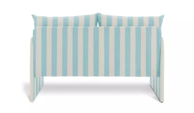 A two-seater sofa with a low profile. It features a continuous armrest design that seamlessly integrates with the back and seat. The upholstery is a striped fabric with alternating wide bands of light blue and off-white. Two rectangular back cushions are visible, also upholstered in the same striped fabric. — 3D model