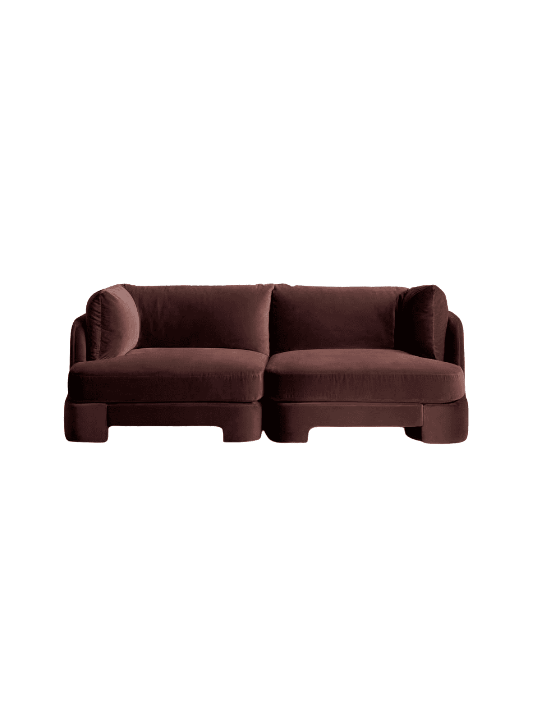 A contemporary modular two-seat sofa upholstered in a rich, deep brown velvet fabric. It features soft, rounded armrests and loose back cushions for comfort. The sofa rests on a thick, solid base with a distinctive sculpted cut-out detail that forms the feet, giving it a substantial and modern appearance. — 3D model