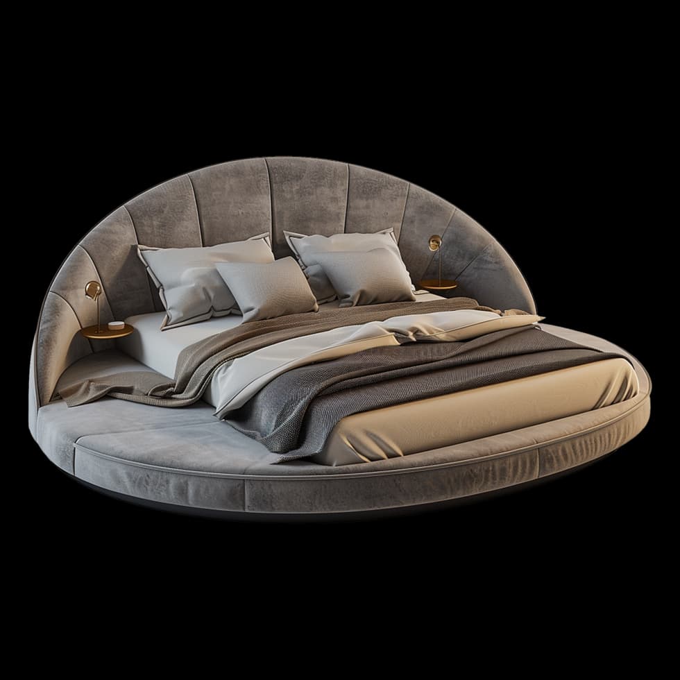 A contemporary round upholstered platform bed featuring a large, curved, channel-tufted headboard that extends around the sides, seamlessly integrating small floating nightstands and built-in reading lamps. The entire bed frame, including the headboard and platform base, is upholstered in a soft, grey fabric, possibly velvet or suede. The bedding consists of white, beige, and grey layers, and matching throw pillows are arranged against the headboard. The integrated nightstands are small circular brass or gold-toned shelves with slender, matching reading lights protruding from the headboard. — 3D model