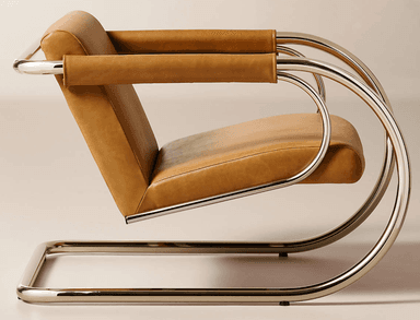 A modernist lounge chair featuring a cantilever tubular chrome frame and camel-colored leather upholstery. The frame forms continuous, polished curves for the base and armrests, which are padded with rolled leather sleeves. It has separate box cushions for the seat and back. — 3D model