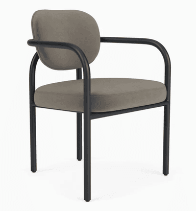 A modern upholstered armchair featuring a dark gray fabric seat and back, supported by a sleek black tubular metal frame. The design includes rounded armrests and legs, providing a minimalist yet comfortable aesthetic. — 3D model