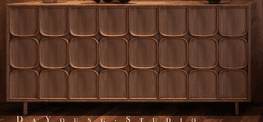 A long, low, rectangular credenza crafted from wood with a visible grain, likely walnut. The front features multiple sections of sculpted, curvilinear doors or panels, creating a repetitive pattern. The credenza rests on four slender, cylindrical metal legs. — 3D model