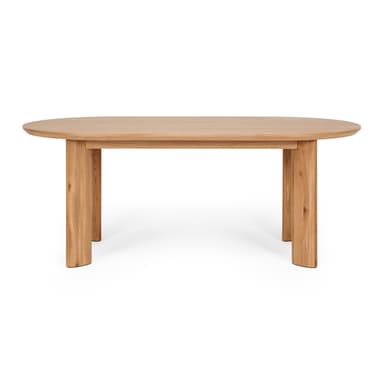 An oval dining table crafted from light-colored solid oak wood, featuring a smooth, rounded tabletop and four thick, rectangular-profile legs. — 3D model