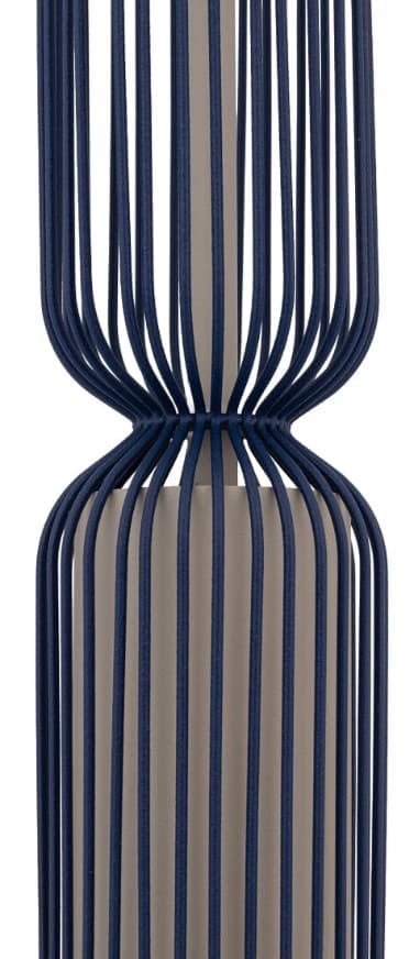 A tall, slender floor lamp with a cage-like design. The lamp has a central cylindrical column, encased by a series of vertical, dark blue metal rods. These rods are arranged in a way that creates a series of bulbous or rounded sections at the top, middle, and bottom, with a narrower section in between. The interior of the cage appears to be a lighter, possibly metallic or white material, which would house the light source. — 3D model