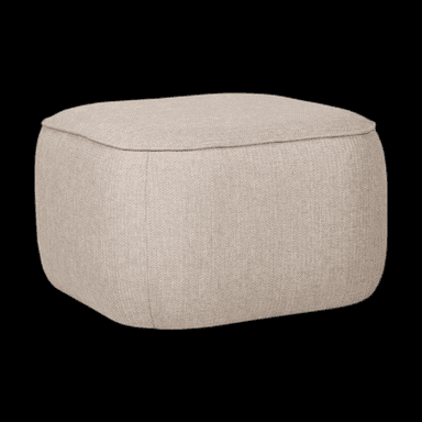 A rounded, cube-shaped ottoman upholstered in a textured fabric. It features a slightly recessed top with a subtle welt cord detail around the perimeter. The sides are uniformly upholstered and taper slightly towards the base, which is not visible. The overall form is soft and contemporary. — 3D model