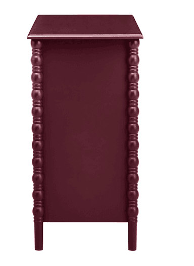 A contemporary three-drawer dresser featuring a deep burgundy finish, a flat top surface, and distinctive bobbin-turned side posts and legs. Each drawer is adorned with two circular brass-toned knobs. — 3D model