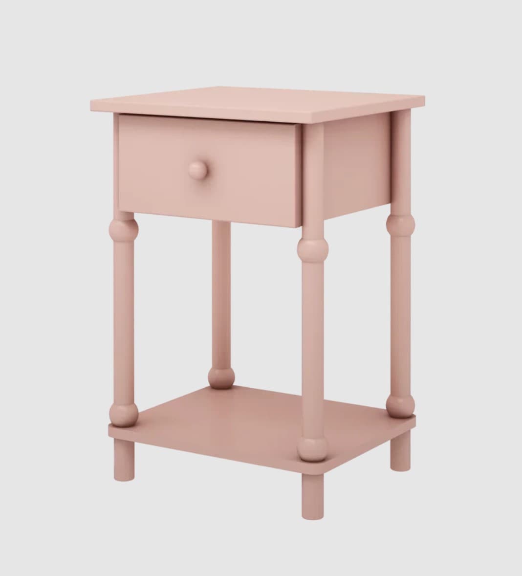 A pink nightstand with one drawer and an open lower shelf, supported by four turned legs. — 3D model