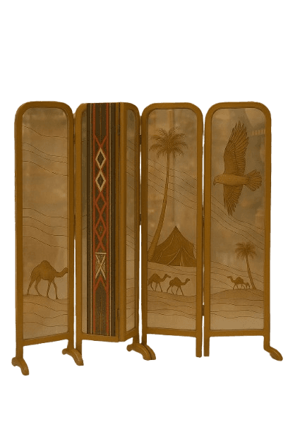 A four-panel folding room divider with a desert-themed illustration. The panels are framed by a warm, golden wood. The left panel depicts a camel in a sandy landscape. The second panel from the left features a central vertical strip with geometric patterns in red, brown, and beige, flanked by neutral-toned sections. The third panel displays a tent and two camels under palm trees. The rightmost panel shows an eagle in flight above palm trees and a camel caravan. The illustrations appear to be etched or printed onto a translucent material. — 3D model