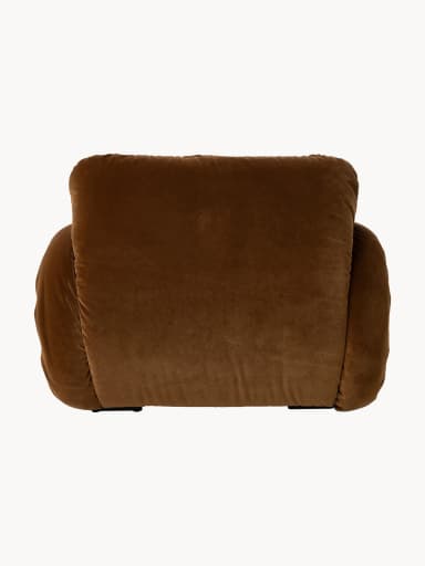 A brown velvet armchair with a rounded, overstuffed silhouette and a visible cream-colored tubular metal frame. The upholstery features deep tufting and ruching, creating a plush and voluminous appearance. The frame provides structural support and a distinctive visual element. — 3D model
