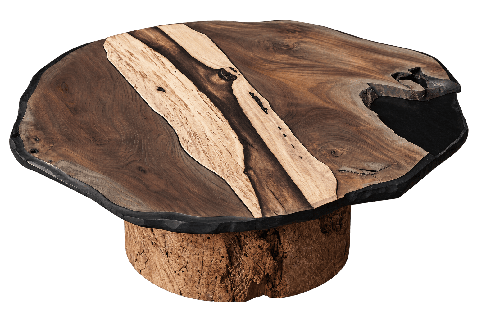 A rustic, live-edge coffee table featuring an organically shaped top crafted from multiple distinct wood slabs, accented with a dark resin or very dark wood inlay, and supported by a robust, natural tree stump base. — 3D model