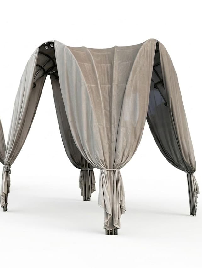 A freestanding gazebo with a draped fabric canopy. The structure is supported by four visible posts, and the canopy is made of flowing, pleated fabric in a neutral tone. The frame appears to be made of metal, with visible structural elements under the fabric. — 3D model