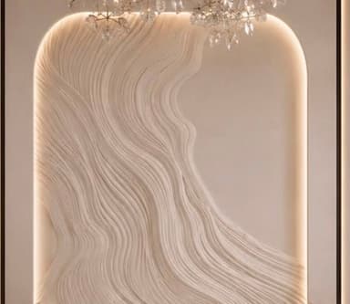 A vertical, arched wall-mounted decorative panel featuring a three-dimensional relief design resembling flowing lines or fabric. It is illuminated along its inner perimeter by a concealed light source, creating a soft glow that highlights the texture. The frame is a light, neutral color. — 3D model