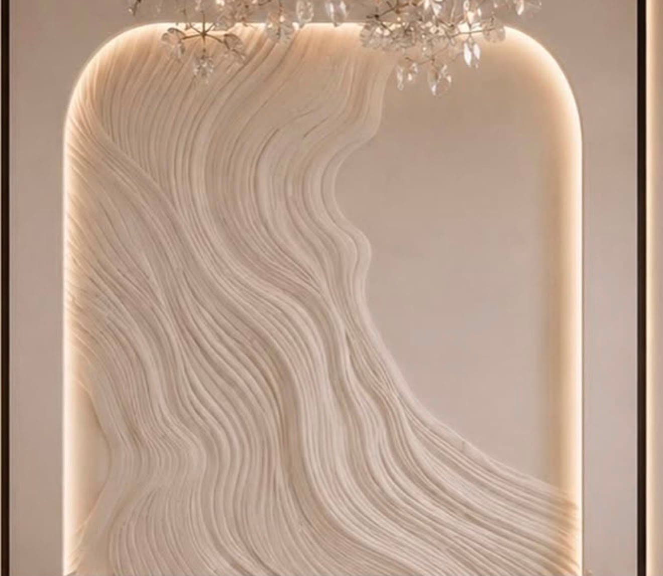 A vertical, arched wall-mounted decorative panel featuring a three-dimensional relief design resembling flowing lines or fabric. It is illuminated along its inner perimeter by a concealed light source, creating a soft glow that highlights the texture. The frame is a light, neutral color. — 3D model