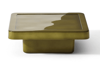 A low-profile square coffee table with a monolithic design, featuring a glossy olive green finish, a recessed top surface, and a solid pedestal base. — 3D model