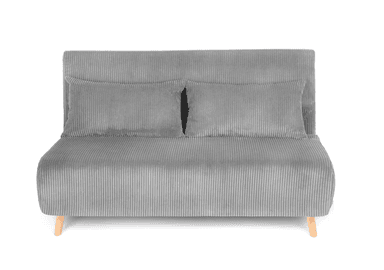 A modern grey corduroy sofa bed with an armless design, featuring a ribbed textile texture, two loose back cushions, and four light-toned wooden tapered legs. — 3D model