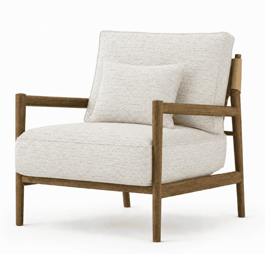 A modern upholstered lounge chair featuring an exposed solid wood frame, light textured fabric upholstery, and a decorative leather accent. — 3D model