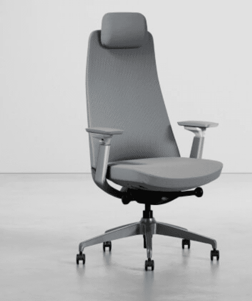 A modern ergonomic office chair in a light grey color, featuring a high backrest with an integrated adjustable headrest. The backrest appears to be constructed from a breathable mesh or textured fabric, while the seat is padded and upholstered. It has adjustable armrests with soft pads and is supported by a five-star base made of metal with black casters for mobility. The overall design emphasizes comfort and adjustability for prolonged seating. — 3D model