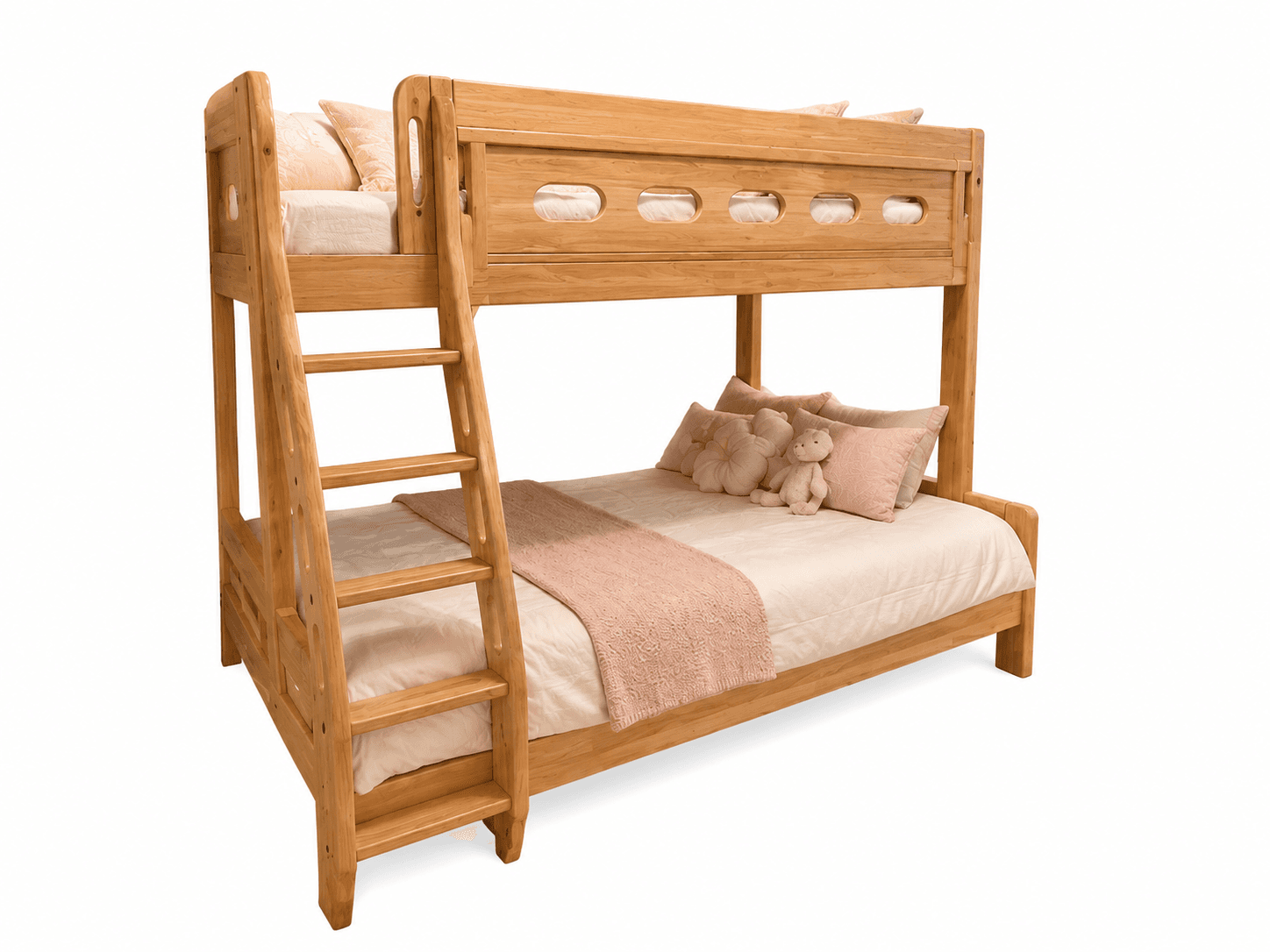 A wooden bunk bed with a ladder, featuring two sleeping levels. The upper bunk has a decorative slatted side panel with oval cutouts. The lower bunk is a standard bed frame. The structure is designed for space efficiency, accommodating two mattresses. It is accessorized with bedding, pillows, and a throw blanket. — 3D model