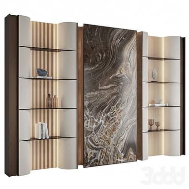 A contemporary, modular wall unit featuring open shelving, a central decorative marble-effect panel, and integrated lighting. The unit is composed of several sections, including shelving modules with clear glass shelves and curved off-white panel details, and a prominent rectangular accent panel. Dark brown framing contrasts with lighter wooden slatted back panels and the intricate patterns of the marble-effect. — 3D model