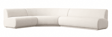 A contemporary curved modular sectional sofa upholstered in a light, textured fabric, likely boucle or similar. The sofa features a low-profile design with rounded edges and soft, plush forms. It consists of multiple independent modules that can be arranged to create various seating configurations, forming an L-shape in the depicted image. The base is subtly recessed, giving the sofa a floating appearance. — 3D model