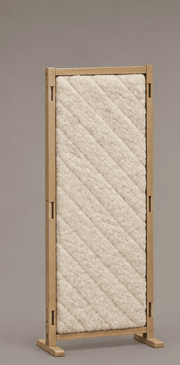 A freestanding room divider with a light-colored, textured panel set within a light wood frame. The panel features a pattern of diagonal stitching or tufting. The frame is constructed from square wooden beams joined with visible mortise and tenon joints, supported by horizontal base pieces. — 3D model