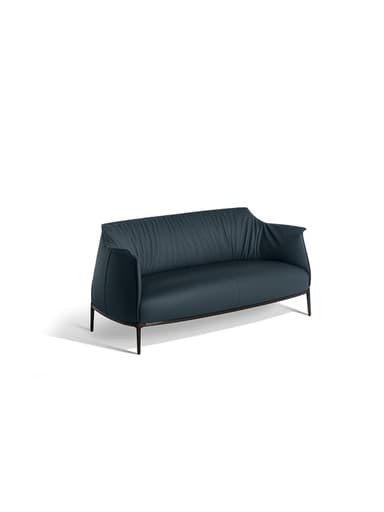 A modern two-seater loveseat featuring dark blue, possibly petrol or teal-colored, leather upholstery. The backrest exhibits a distinctive pleated or ruched design, adding texture and visual interest. The seat cushions appear smooth and clean-lined. The frame is supported by slender, dark-finished metal legs that extend from the base, giving the piece a light and elevated appearance. The arms are gently curved and integrated into the overall sleek silhouette. The design is contemporary with an emphasis on minimalist form and luxurious material. — 3D model