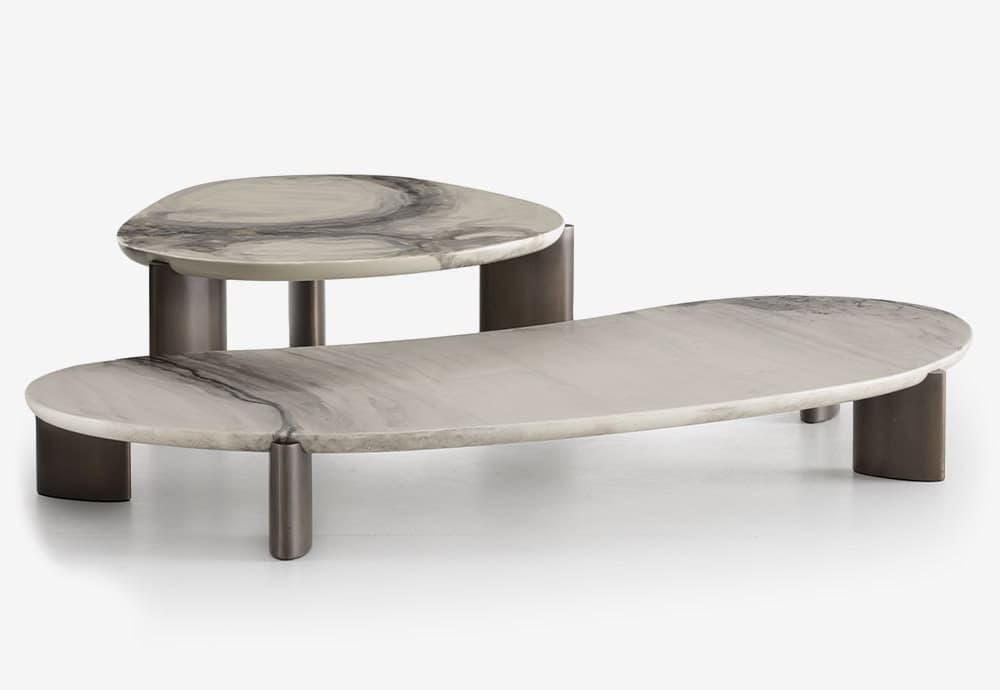 An oval-shaped coffee table featuring a light grey marble top with dark grey veining, supported by two dark, cylindrical metal legs. — 3D model