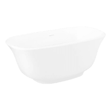 A white, modern freestanding bathtub featuring an elongated oval shape. The tub has gently outward-flared sides and a subtle, integrated rectangular overflow slot visible near the upper rim. Its design is sleek and minimalist, presented on a plain white background, highlighting its clean lines. — 3D model