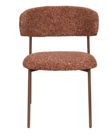 A modern armchair with a curved backrest and a circular seat. The armchair features a metal frame with slender legs and a curved metal support connecting the backrest. Both the seat and backrest are upholstered in a textured, multi-tonal reddish-brown fabric. — 3D model