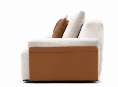 A modern two-piece modular sectional sofa upholstered in light beige fabric, featuring square armrests with brown accent panels and contrasting brown throw pillows. — 3D model