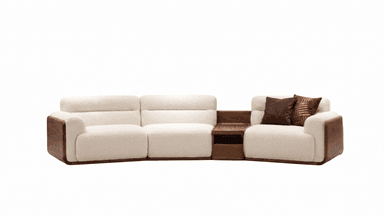 A contemporary modular sectional sofa featuring cream-colored boucle upholstery on plush seating and backrests, accented by dark walnut wood frames with rounded edges. The sofa includes an integrated wooden console table between two seating modules, offering both surface space and a lower storage compartment. — 3D model