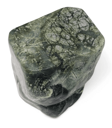 A square-topped, roughly cubic stool carved from a single piece of veined green and dark gray stone. The top surface is flat with slightly rounded edges. The sides exhibit organic, uneven contours, suggesting natural stone formation rather than precise carving. The stone has a polished finish with intricate patterns of lighter veins and darker inclusions. — 3D model