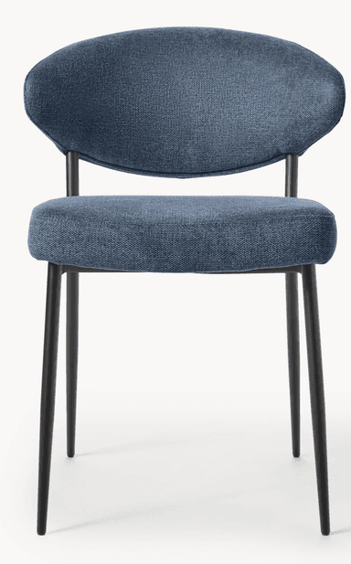 A contemporary dining chair featuring a blue upholstered seat and a distinctively curved, armless backrest. The chair is supported by four slender, tapered black metal legs. — 3D model