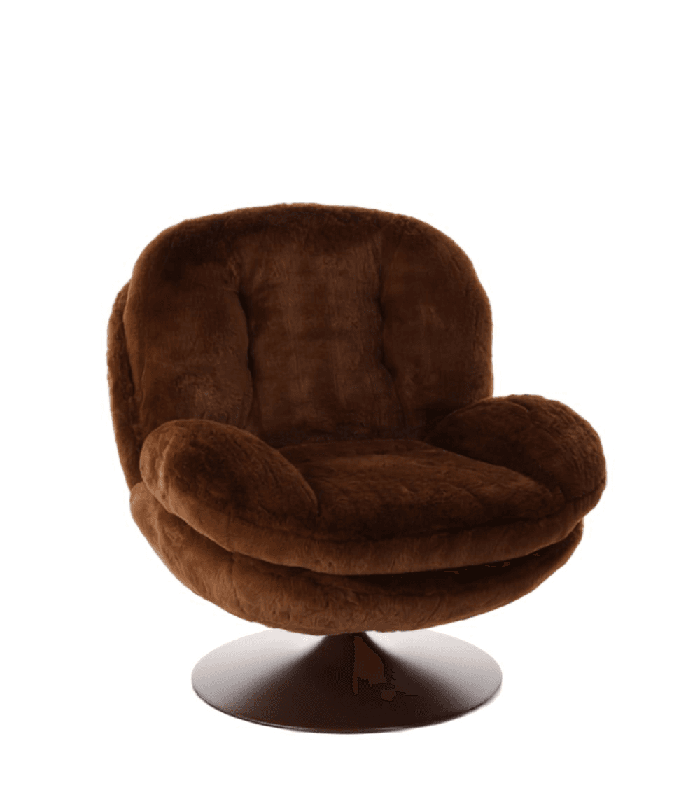 A deep brown faux fur swivel lounge chair featuring a plush, enveloping design for maximum comfort. The chair sits on a flat, circular black metal base, allowing for 360-degree rotation. The upholstery has a soft, shaggy texture, and the seat and back appear to be subtly tufted or cushioned to enhance its inviting feel. Its rounded, substantial form gives it a cozy and contemporary aesthetic. — 3D model
