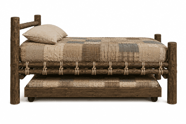 A rustic style bed featuring a robust log-frame construction, equipped with a pull-out trundle bed underneath. The main bed is adorned with a patchwork quilt and pillows, suggesting a cozy, cabin-like aesthetic. — 3D model