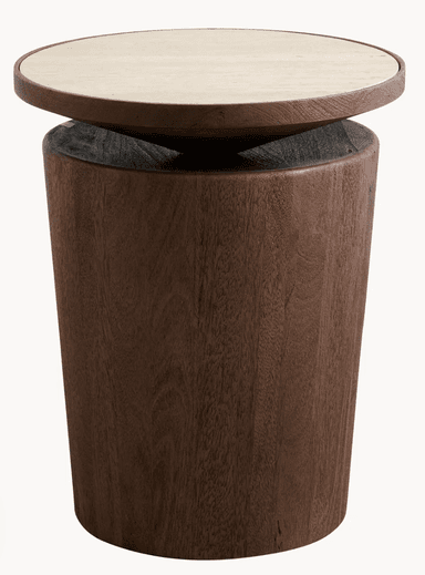 A contemporary side table featuring a cylindrical dark wood base with a lighter, circular wooden top that appears slightly offset from the center of the base. The base shows prominent vertical wood grain. — 3D model
