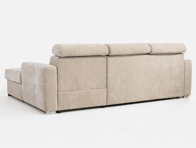 A light beige upholstered contemporary sectional sofa with a right-facing chaise lounge. The sofa features adjustable headrests, segmented back cushions, and integrated storage within the chaise, indicated by a pull handle. It rests on short, polished rectangular metal feet. — 3D model