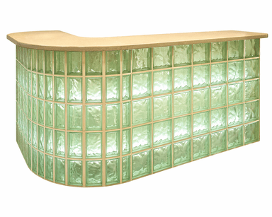 A curved reception desk or bar constructed with glass blocks. The glass blocks have a textured, translucent surface and are arranged in a grid pattern, with vertical and horizontal framing elements visible. The countertop is a solid, flat surface with rounded edges, extending slightly beyond the base. The overall construction suggests a functional piece designed for serving or reception. — 3D model