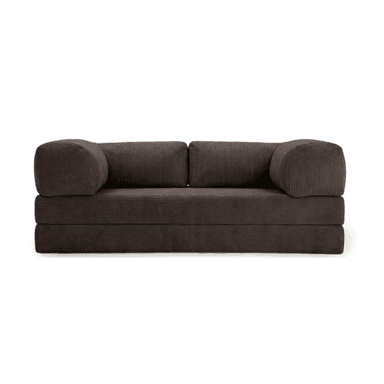 A dark brown corduroy loveseat featuring a blocky, modular design with plush, ribbed upholstery and one armrest accented by an external chrome-plated metal frame. — 3D model