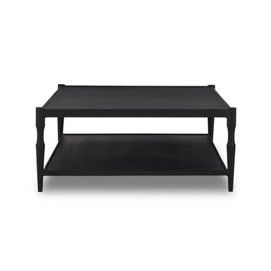 A rectangular coffee table with two tiers. The table features a minimalist design with clean lines and a matte black finish. The legs have a slightly tapered and turned profile, and the overall structure appears to be made of a solid material. — 3D model