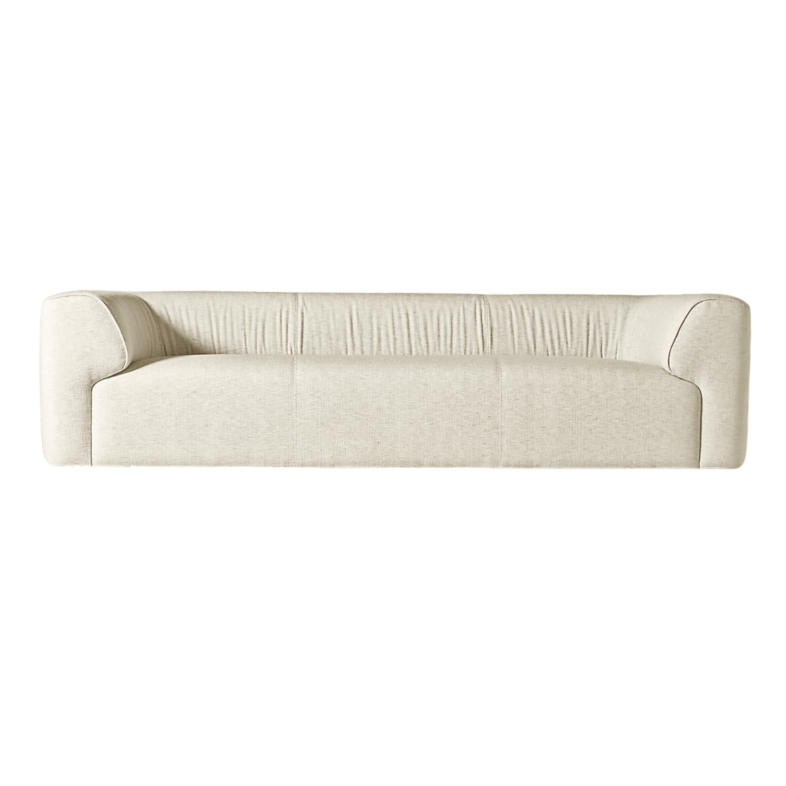 A three-seater sofa upholstered in a textured, light-colored fabric. The sofa features a gently curved backrest with vertical channel tufting, and rounded, integrated armrests. The seat cushion is not visible from this frontal view. The overall design suggests a contemporary aesthetic. — 3D model