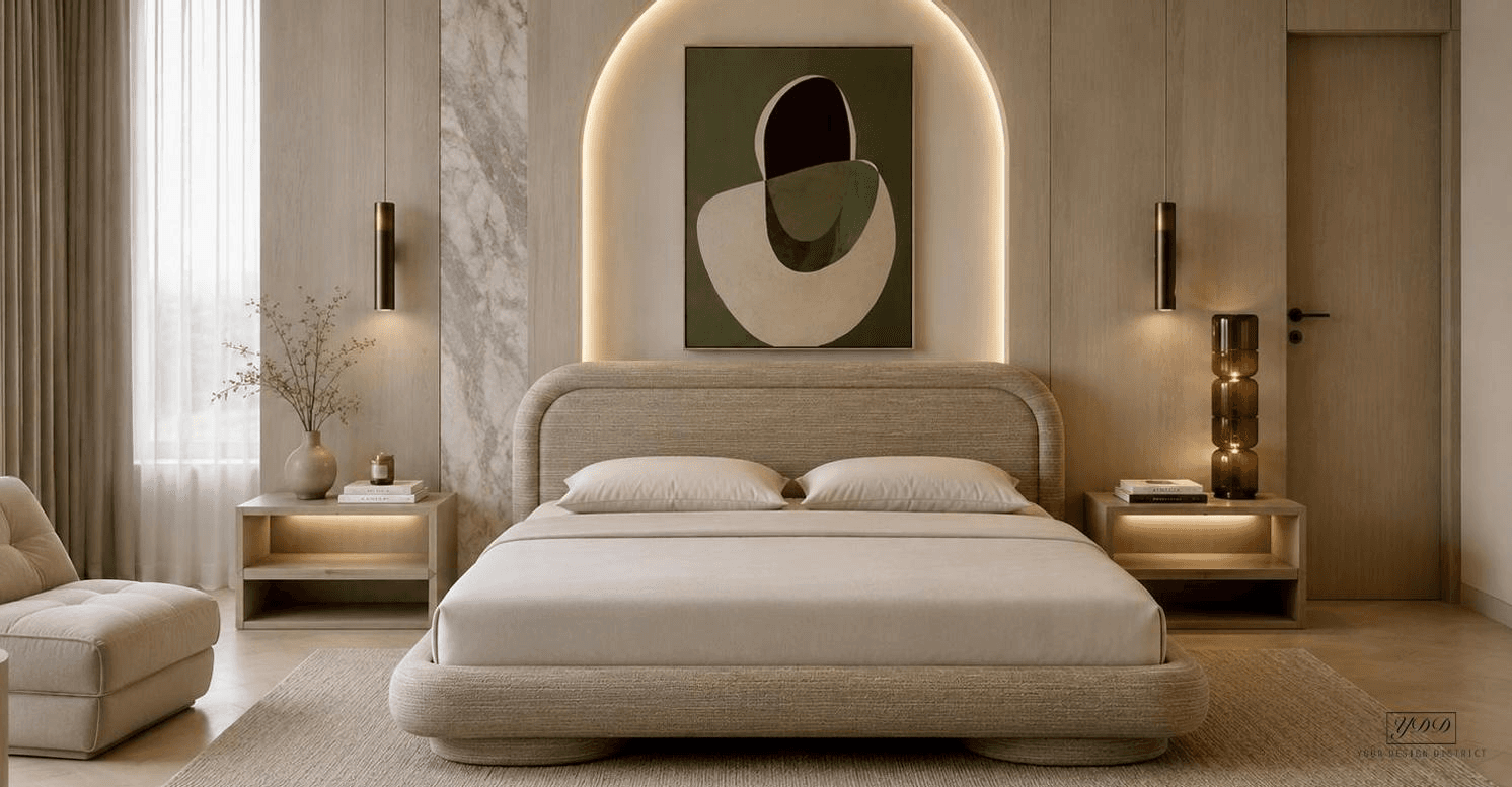 A modern platform bed featuring a fully upholstered frame and headboard. The design emphasizes soft, rounded edges throughout, creating a contemporary and inviting aesthetic. It is presented with a light-colored fabric upholstery and includes a mattress and two pillows, suggesting a minimalist and comfortable sleeping solution. — 3D model