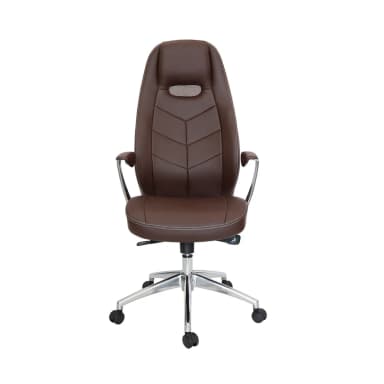 A brown office chair viewed from the rear and side. It features a high back with a cutout and mesh insert, a cushioned seat, and chrome-finished armrests. The chair is supported by a five-star base with casters for mobility. — 3D model