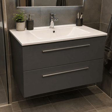 A modern wall-mounted bathroom vanity featuring a dark grey cabinet, a white integrated sink, and a chrome faucet. The cabinet has two large drawers with slim, horizontal chrome bar pulls. — 3D model
