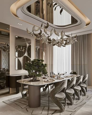 A contemporary dining set featuring a large racetrack-shaped dining table with a white marble top and two fluted cylindrical pedestal bases. The set includes eight sculptural dining chairs upholstered in a grey/taupe velvet fabric, characterized by their open-back design and fluid lines. A bonsai tree serves as a centerpiece on the table. — 3D model