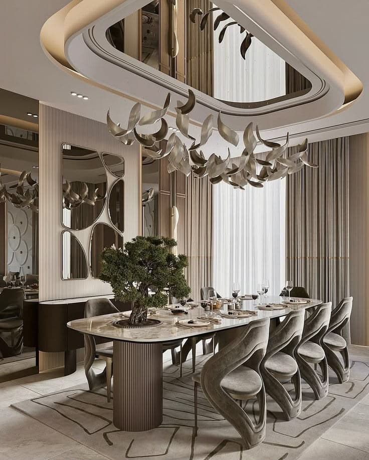 A contemporary dining set featuring a large racetrack-shaped dining table with a white marble top and two fluted cylindrical pedestal bases. The set includes eight sculptural dining chairs upholstered in a grey/taupe velvet fabric, characterized by their open-back design and fluid lines. A bonsai tree serves as a centerpiece on the table. — 3D model