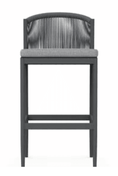 A modern outdoor bar stool featuring a dark gray aluminum frame, a backrest with vertical woven rope detailing, and a light gray upholstered seat cushion with an integrated footrest. — 3D model
